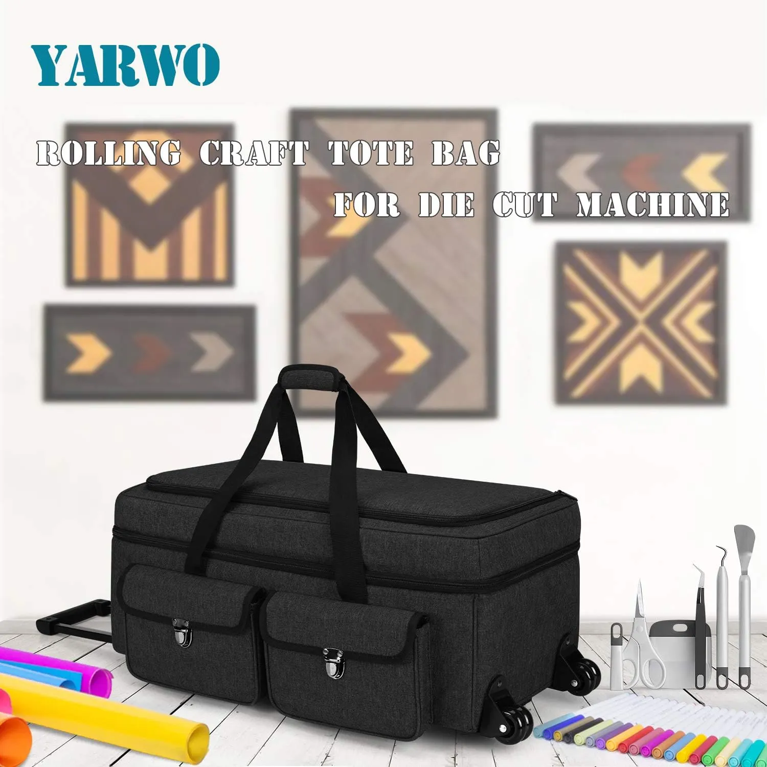 Yarwo Rolling Craft Tote Bag with Wheels Compatible for Cricut Maker, Maker 3, Explore Air 2, Explore 3, Cameo 4, Cameo 5, Double Layers Carrying Case for Die Cut Machine and Supplies, Black(Patented)