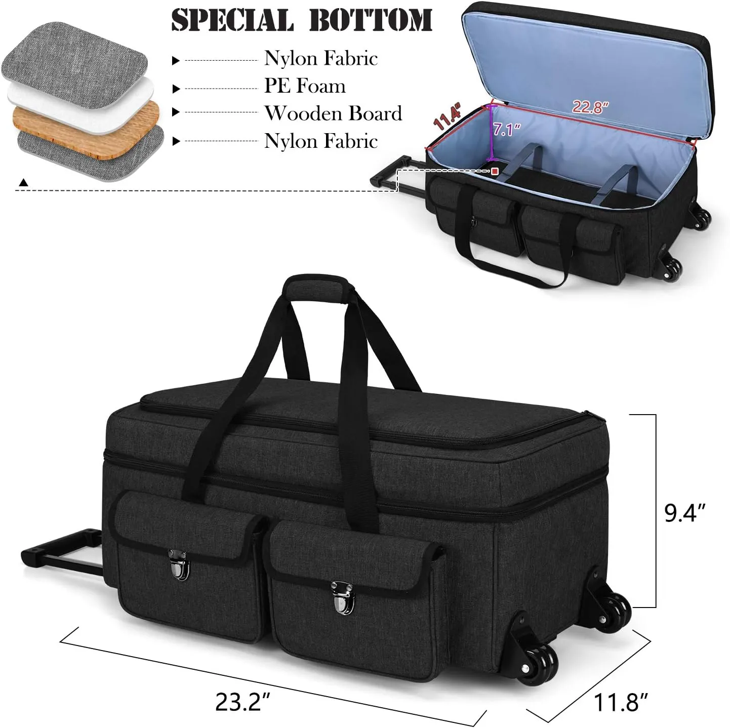 Yarwo Rolling Craft Tote Bag with Wheels Compatible for Cricut Maker, Maker 3, Explore Air 2, Explore 3, Cameo 4, Cameo 5, Double Layers Carrying Case for Die Cut Machine and Supplies, Black(Patented)