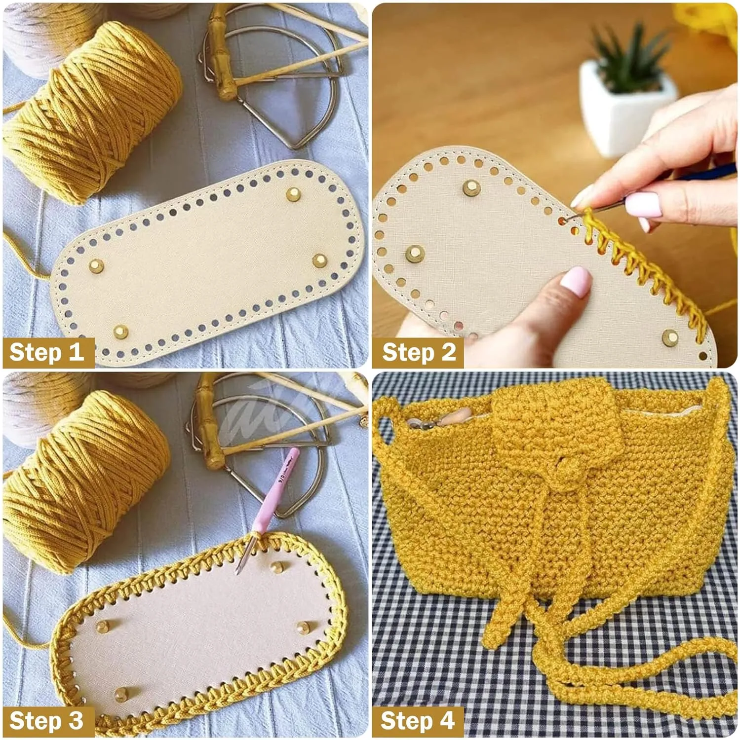 Yayatty PU Leather Bag Bottom, 4 PCS Rectangle Bag Base Insert Cushion Base with Holes for DIY Knitting Crochet Bags Tote Bucket, Purse Making Supply, 30 x 15cm