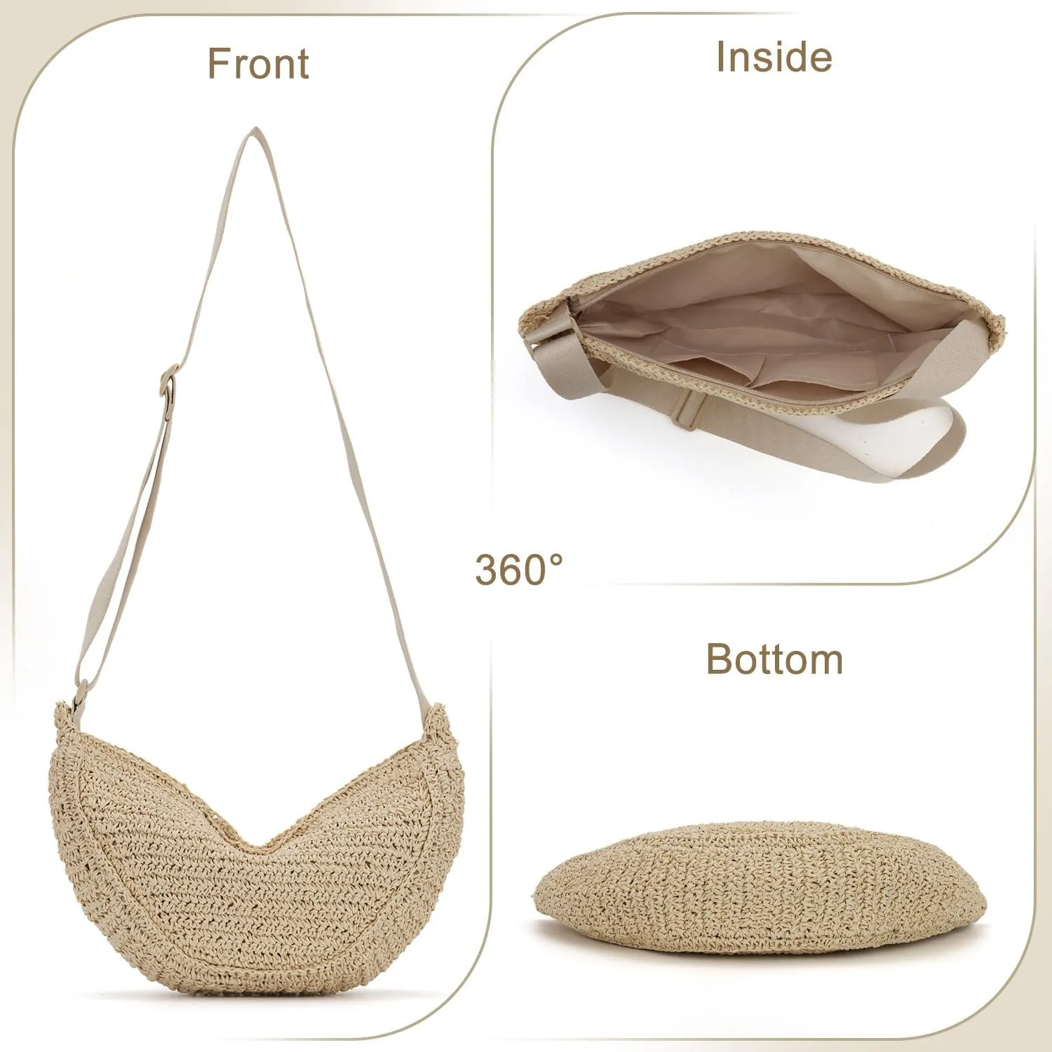 Ynport Straw Crossbody Bag for Women, Summer Beach Woven Purses Hobo Dumpling Bag Casual Shoulder Bag Crochet Purse