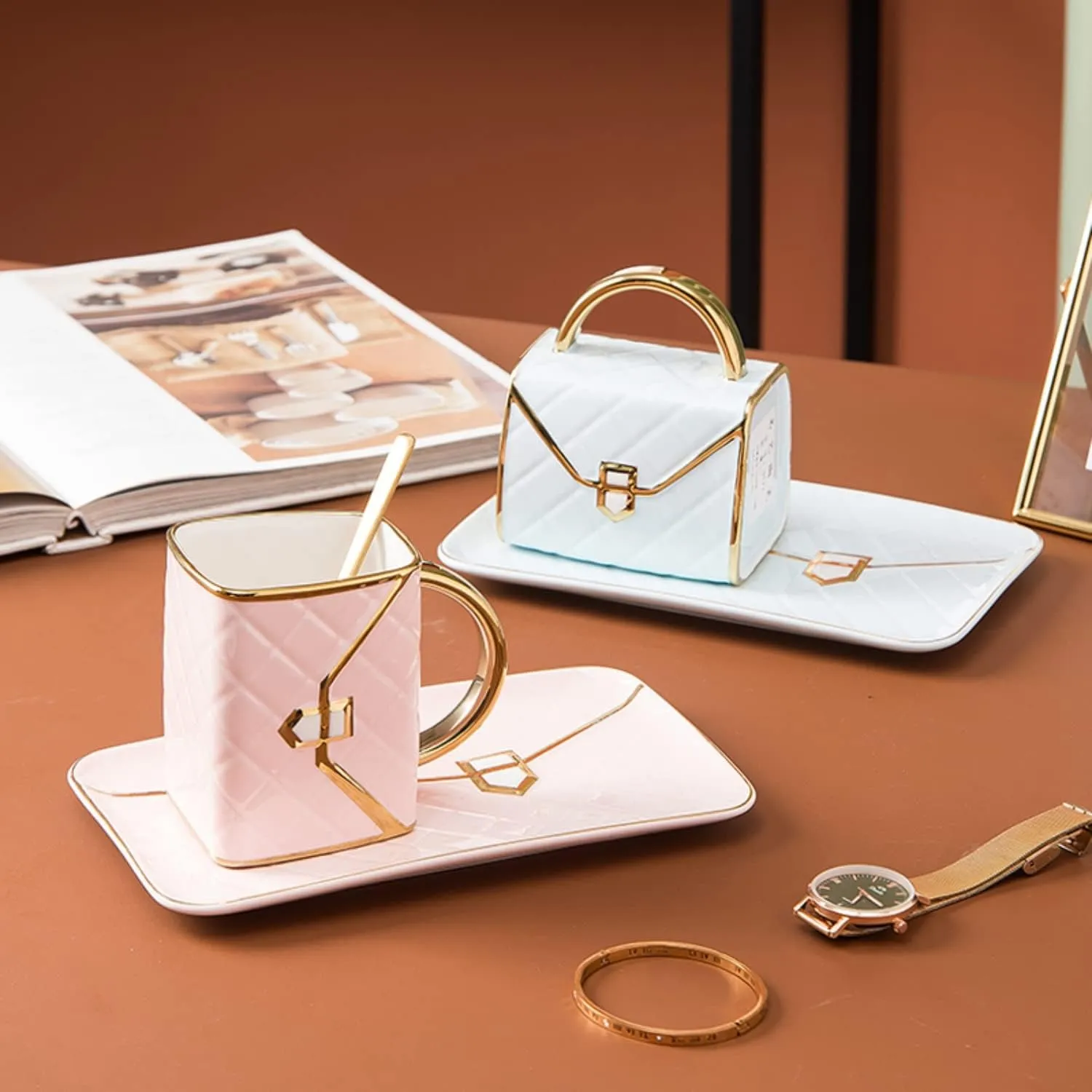YnsfreeCeramic Purse Coffee Mugs Set Tea Cup Unique Bag shaped mug and Saucer Set with Spoon and Saucer For Women Thanksgiving Christmas Gifts (pink set of 4)
