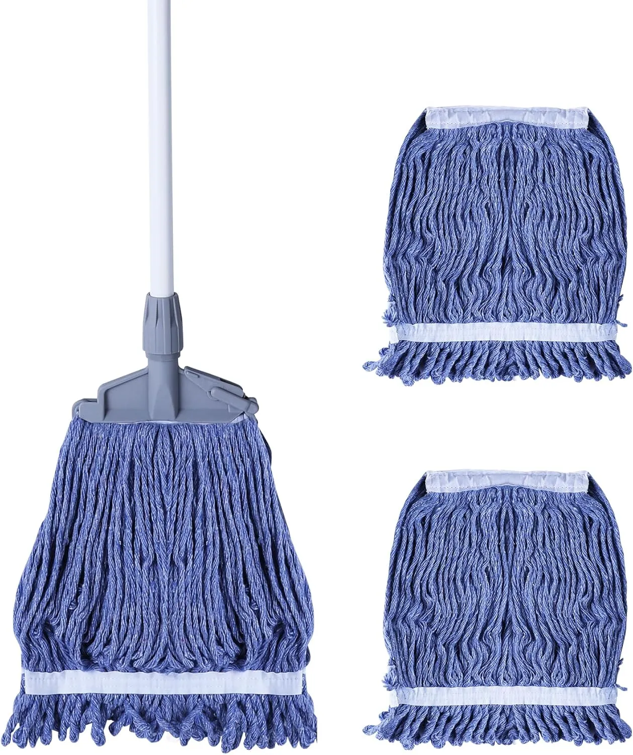 Yocada Looped-End String Wet Mop Heavy Duty Cotton Mop Commercial Industrial Grade 64.1" Long Iron Pole for Cleaning Office Garage Hardwood Warehouse Factory Mall Deck with Totally 3 Mop Heads