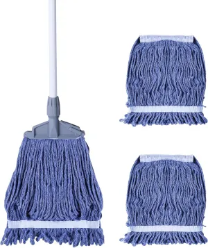 Yocada Looped-End String Wet Mop Heavy Duty Cotton Mop Commercial Industrial Grade 64.1" Long Iron Pole for Cleaning Office Garage Hardwood Warehouse Factory Mall Deck with Totally 3 Mop Heads