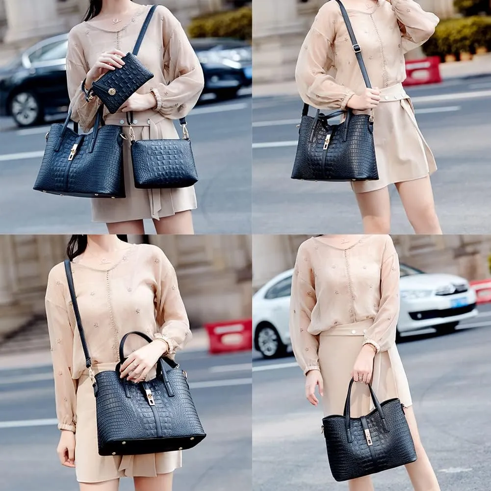 Yohora Women Crocodile Pattern Leather Tote Bag Large Capacity Top Handle Hanbag Crossbody Shoulder Purse Wallet 3pcs Set