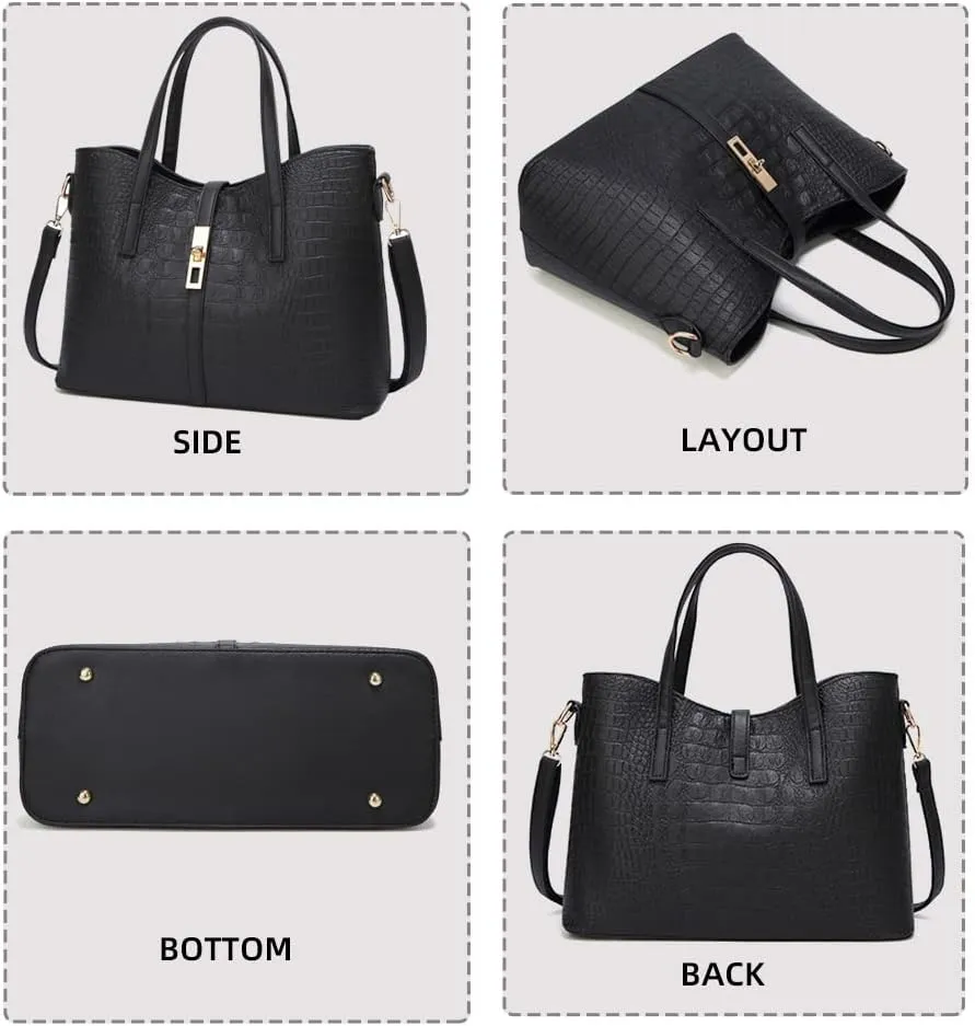Yohora Women Crocodile Pattern Leather Tote Bag Large Capacity Top Handle Hanbag Crossbody Shoulder Purse Wallet 3pcs Set