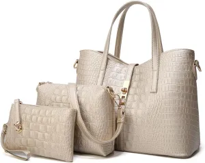 Yohora Women Crocodile Pattern Leather Tote Bag Large Capacity Top Handle Hanbag Crossbody Shoulder Purse Wallet 3pcs Set