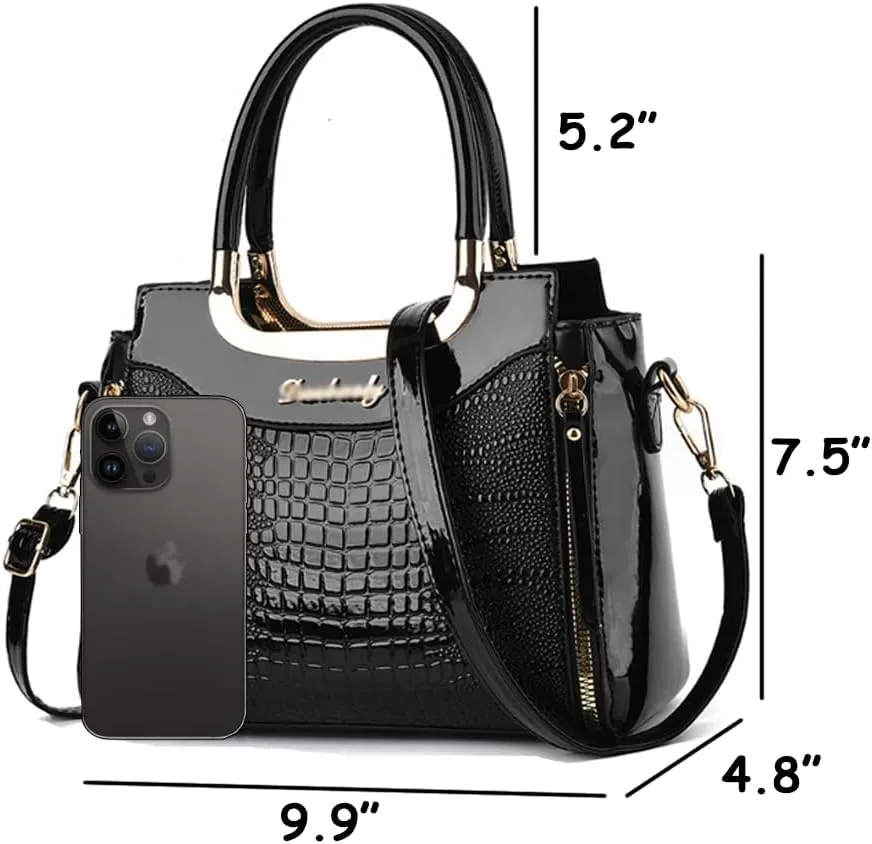 ZiMing Glossy Patent Leather Handbags Purses for Women Satchel Crocodile Pattern Top Handle Handbag Ladies Shoulder Bag