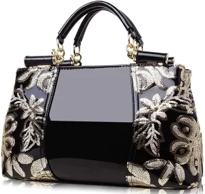 ZiMing Patent Leather Handbag for Women Tote Bags Sequin Embroidery Satchel Bag Top Handle Bag Gorgeous Shoulder Bag Purse