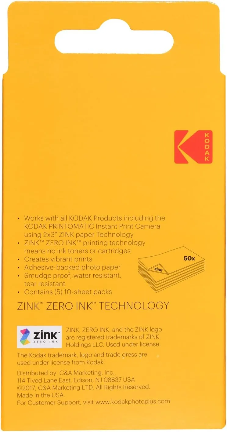Zink KODAK 2"x3" Premium Photo Paper (50 Sheets) Compatible with KODAK Smile, KODAK Step, PRINTOMATIC, 50 count (Pack of 1)