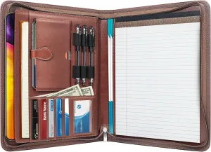 Zippered Portfolio Organizer, Leather Padfolio, Business Portfolio with Elastic Cord, Portfolio Folder for Men & Women, Brown