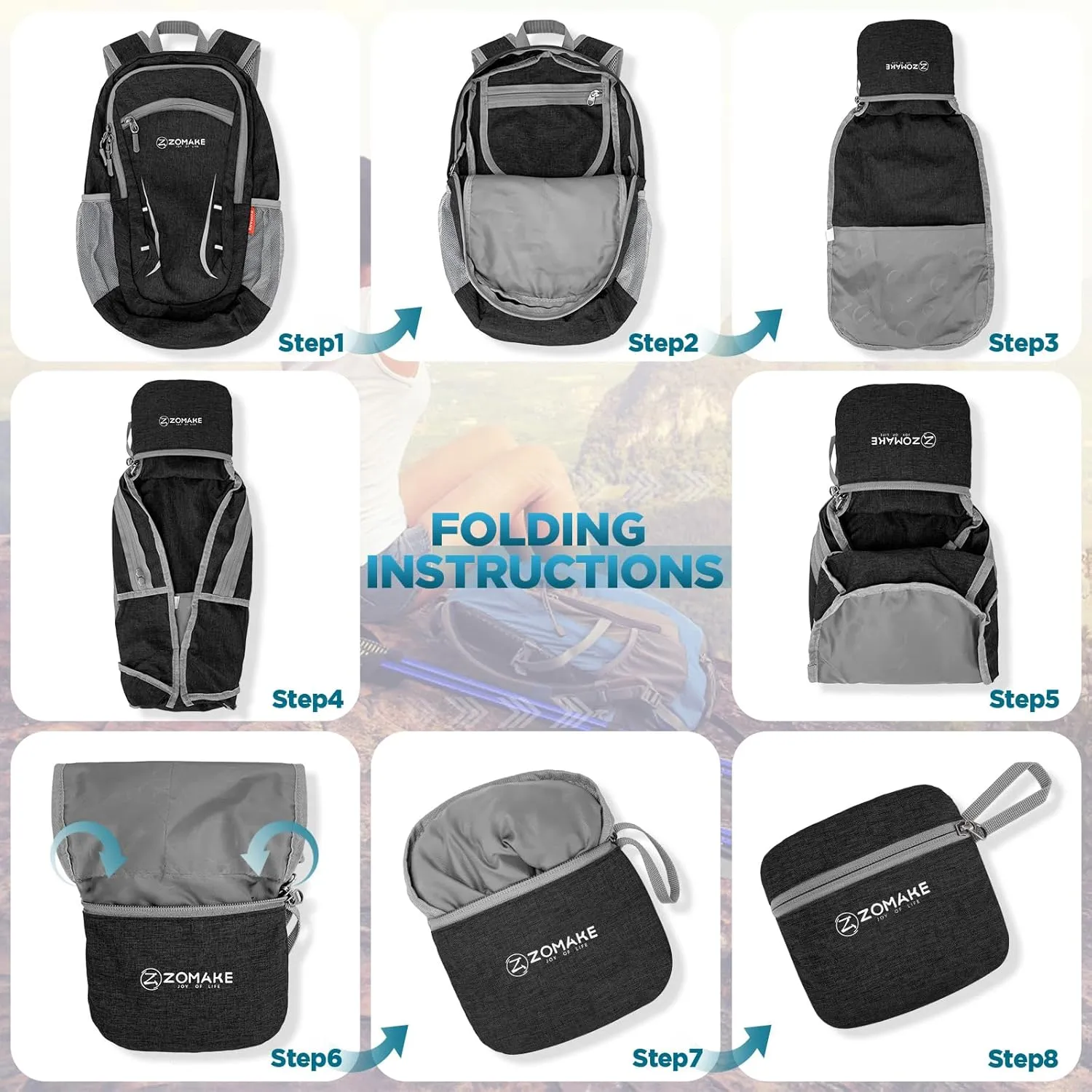 ZOMAKE Lightweight Packable Backpack 20L, Foldable Backpacks Small Daypack Hiking Daypacks Water Resistant Day Bag for Travel(Black)