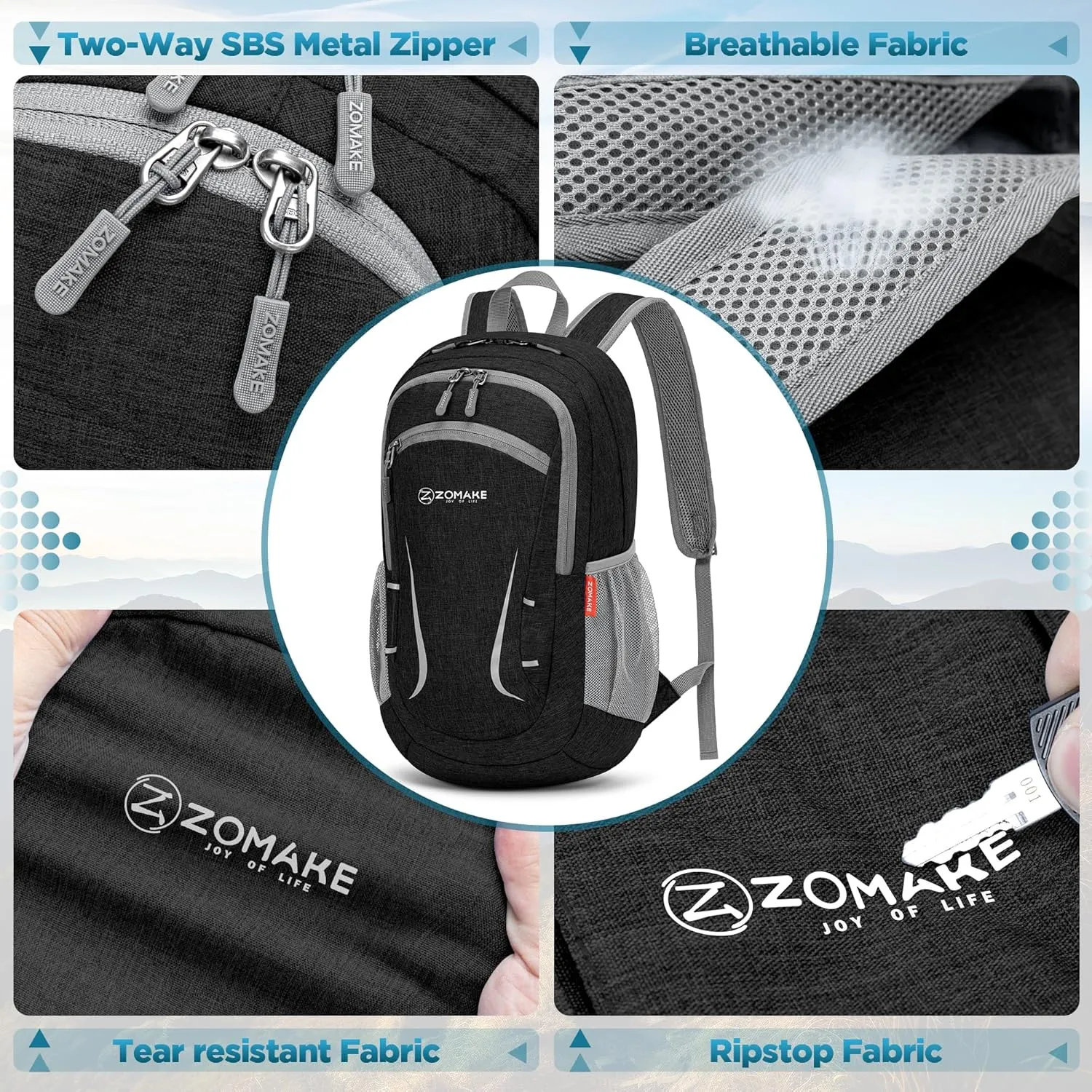 ZOMAKE Lightweight Packable Backpack 20L, Foldable Backpacks Small Daypack Hiking Daypacks Water Resistant Day Bag for Travel(Black)