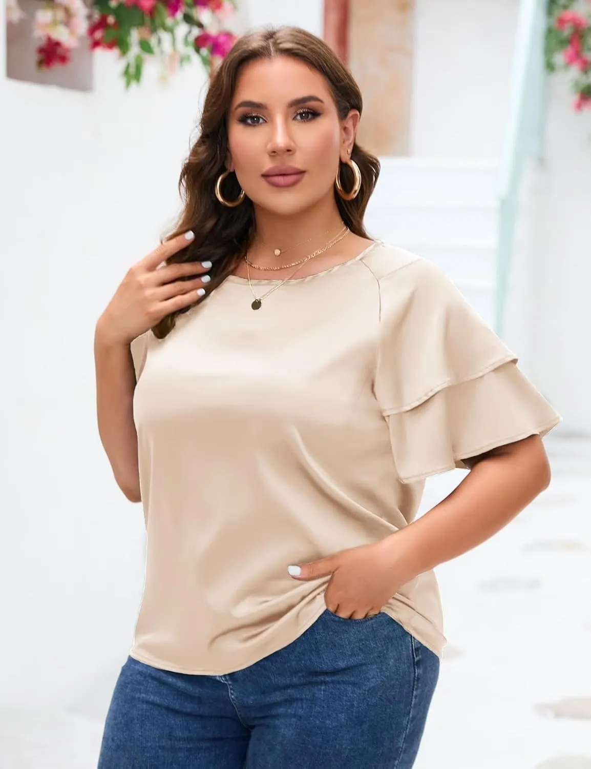 ZOMVA Women's 2024 Plus Size Satin Blouse Short Ruffle Sleeves Silk Top Dressy Shirt Office Elegant