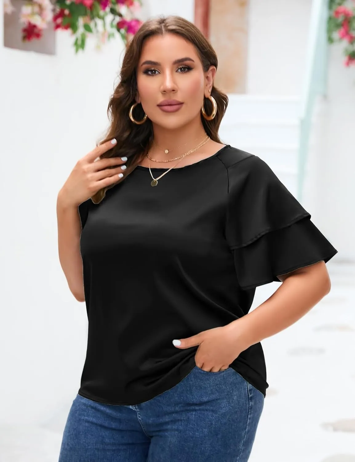 ZOMVA Women's 2024 Plus Size Satin Blouse Short Ruffle Sleeves Silk Top Dressy Shirt Office Elegant