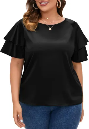 ZOMVA Women's 2024 Plus Size Satin Blouse Short Ruffle Sleeves Silk Top Dressy Shirt Office Elegant