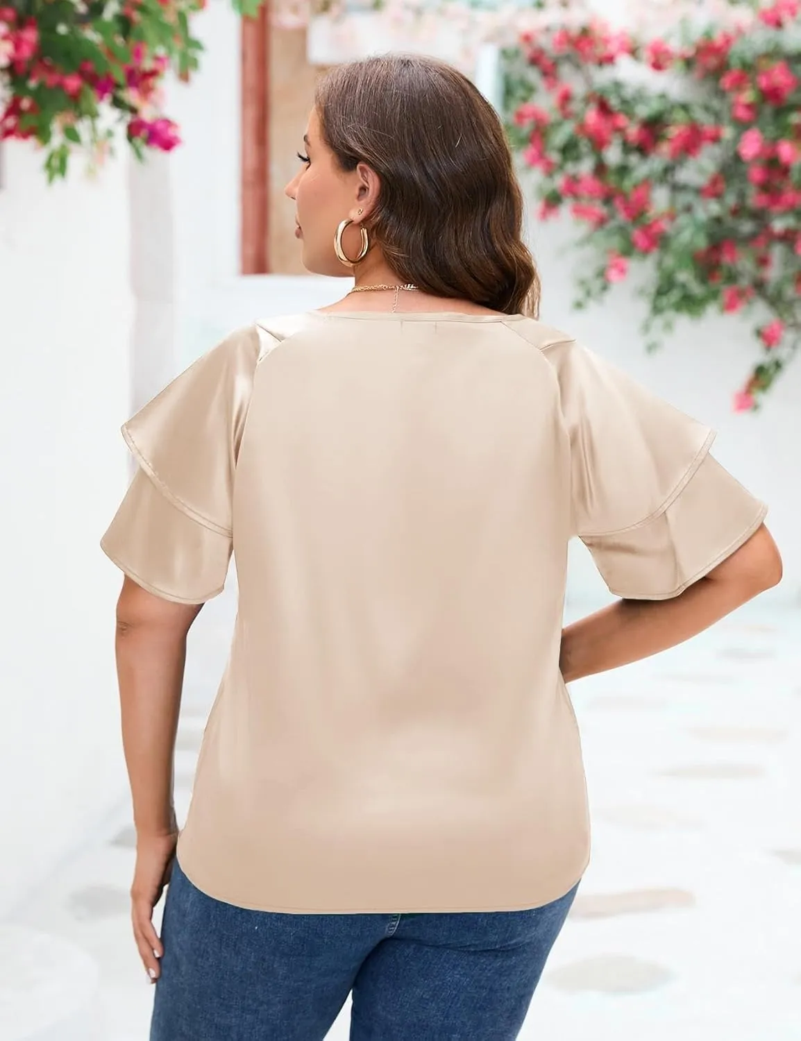 ZOMVA Women's 2024 Plus Size Satin Blouse Short Ruffle Sleeves Silk Top Dressy Shirt Office Elegant