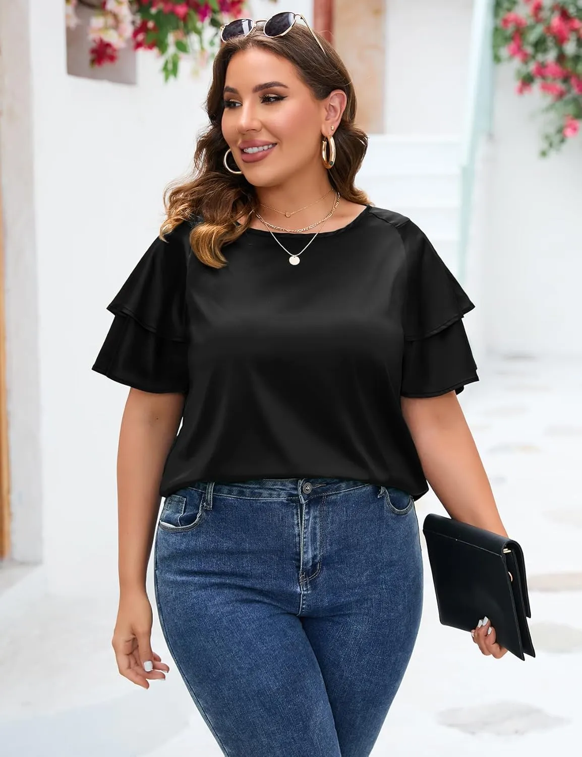 ZOMVA Women's 2024 Plus Size Satin Blouse Short Ruffle Sleeves Silk Top Dressy Shirt Office Elegant