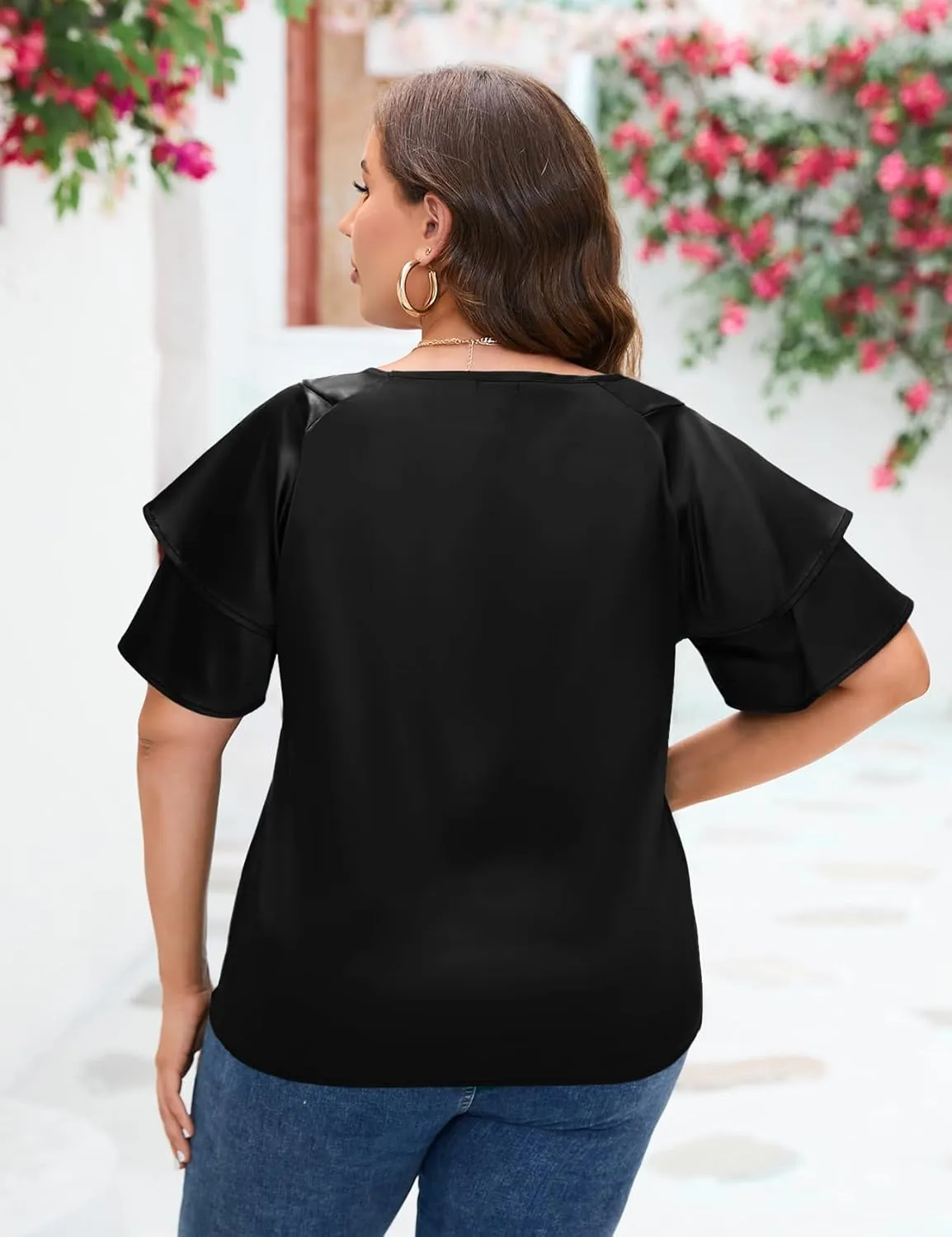 ZOMVA Women's 2024 Plus Size Satin Blouse Short Ruffle Sleeves Silk Top Dressy Shirt Office Elegant