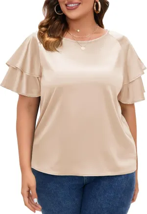 ZOMVA Women's 2024 Plus Size Satin Blouse Short Ruffle Sleeves Silk Top Dressy Shirt Office Elegant