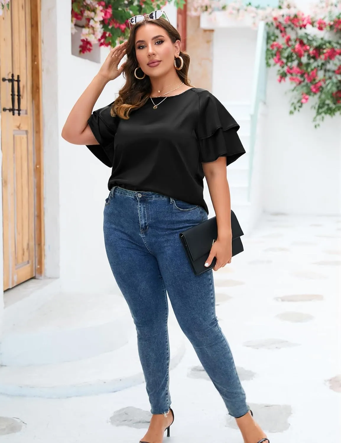 ZOMVA Women's 2024 Plus Size Satin Blouse Short Ruffle Sleeves Silk Top Dressy Shirt Office Elegant